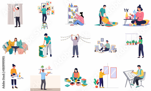 Modern Flat Style People Activity Doing Housework Illustration Set