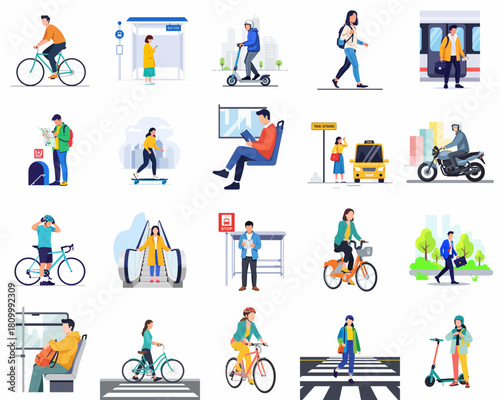 Flat Design People and Transportation Illustration Set Diverse Urban Activities