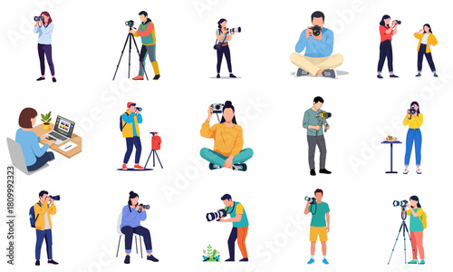 Flat Character Professional And Amateur With Camera And Tripod People Illustration