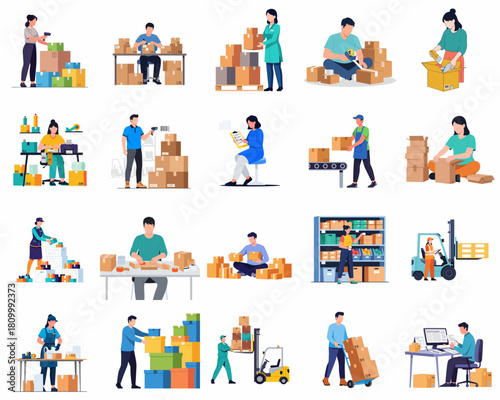 Flat Illustration People Handling Boxes in a Warehouse or Distribution Center