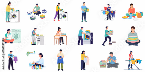 Flat Illustration Diverse People Doing Laundry Chores Activities in Home