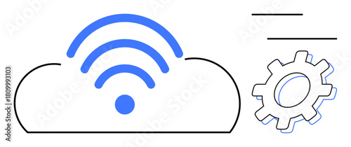 Cloud with wireless signal waves, gear shape symbolizing technology and integration. Ideal for cloud computing, data transfer, automation, digital transformation, connectivity, innovation