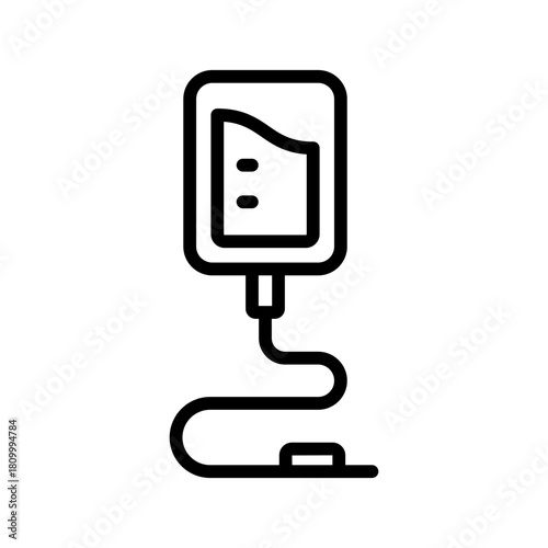 Saline outline icon. IV drip bag with a tube. Vector illustration of an intravenous therapy, for healthcare apps, medical websites, and hospital-related visuals.
