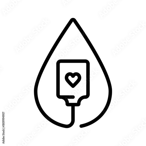 Blood Transfusion Line Icon, Blood bag with dripping blood. Blood transfusion donate logo. Medical IV drip bag sign, for healthcare apps, medical websites, and hospital-related visuals.