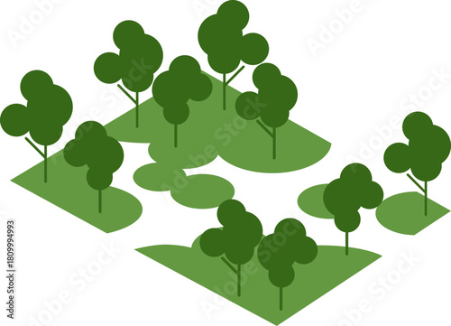 Isometric Green Forest Illustration. Axonometric Eco Landscape. Stylized Trees Concept for Environmental and Urban Greening Projects.