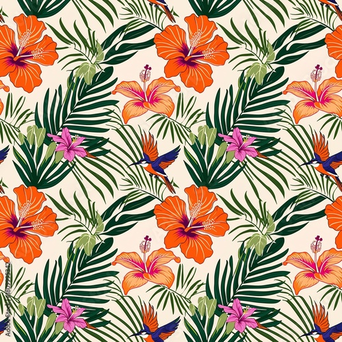A vibrant tropical scene bursting with colorful hibiscus flowers, golden pineapples, and lush green palm leaves. The background is a soft beige. Seamless pattern, four tiles