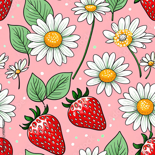 A seamless pattern of white daisies with yellow centers and red strawberries with green leaves on a pink background with white dots, one tile