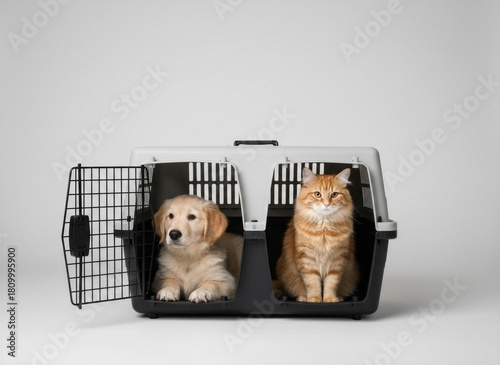Golden Retriever puppy and ginger long-haired cat sharing a two-compartment pet carrier on a plain white studio background