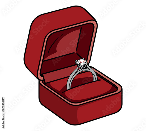 A diamond engagement ring rests in an open red velvet jewelry box.