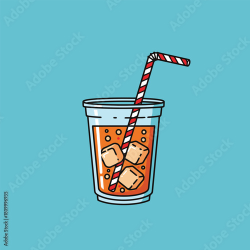Refreshing drink with ice cubes and straw