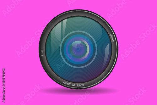 Front view of photo camera lens isolated on pink background. Vector