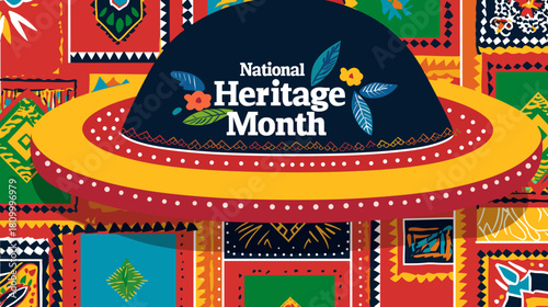 text "National Hispanic Heritage Month " in bold, on top of an illustrated sombrero and vibrant Mexican patterns background. Navy blue, yellow, orange, red, green, turquoise, purple. Colors that repre
