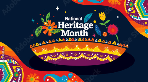 text "National Hispanic Heritage Month " in bold, on top of an illustrated sombrero and vibrant Mexican patterns background. Navy blue, yellow, orange, red, green, turquoise, purple. Colors that repre