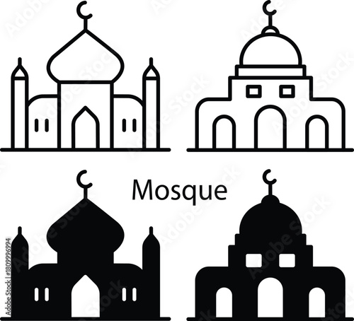Traditional Islamic Mosque Building With Dome And Minarets Worship Vector Silhouette and Pictogram..eps