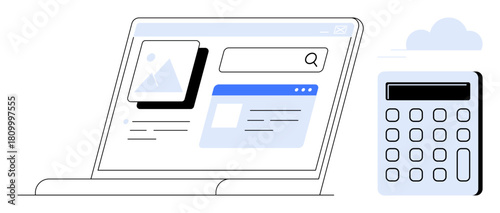 Laptop displaying webpage interface with search bar and calculator nearby. Ideal for research, productivity, fintech, data analysis, e-learning, cloud services, and modern workspace. Simple flat
