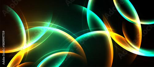 Abstract design features glowing curves, vibrant colors, dark background. Dynamic composition creates futuristic feel. Smooth gradients enhance visual impact.