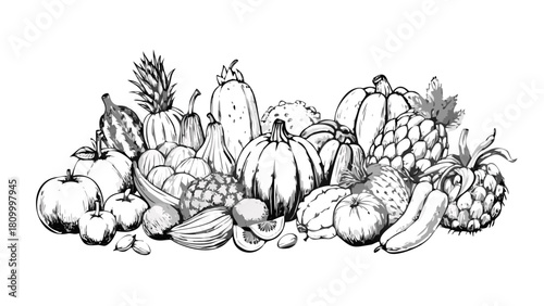 Illustration of fruits vegetables pumpkins gourds apples pineapple and melons in black and white style