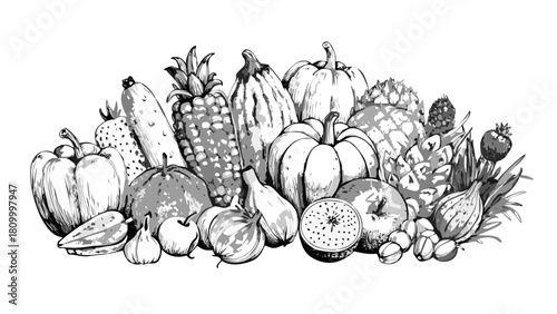 Illustration of fresh vegetables fruits harvest corn pineapple pumpkin apple pepper garlic and onion drawing art