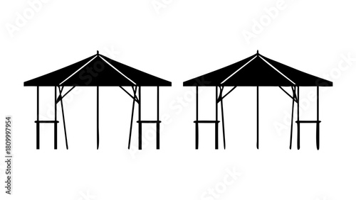 Illustration of two gazebo structures architecture design with roof and support pillars and benches modern style