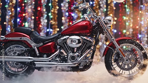 A gift from Santa Claus. The magical appearance of a motorcycle under Santa's hat. A chrome red cruiser is shown in profile with mist
