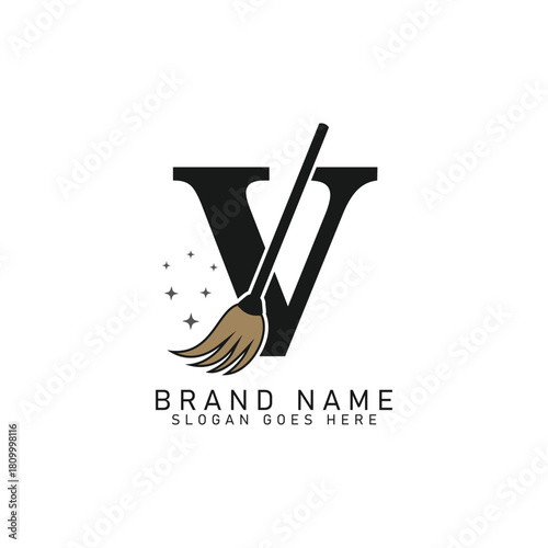 Letter V House Cleaning Broom Logo. Alphabet V Cleaning Brush Icon
