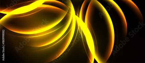 Bright yellow curves radiate from center. Dark background emphasizes glowing lines, creating abstract visual impact. Smooth gradients present energy.
