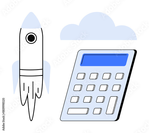 Rocket soaring beside a calculator under cloudy sky. Ideal for innovation, strategy, finance, growth, productivity, technology, creativity. Simple flat metaphor