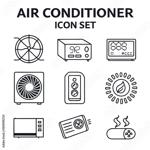 Air Conditioning and Ventilation Icons Set  AC, Remote, Fan, Cooling and Heating Symbols