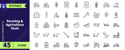 Farming and agriculture tools line icons, modern set illustrates various farm equipment and machinery for agricultural production in a white background