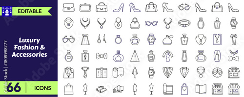 Luxury fashion and accessories line icons, modern set includes items like bags, shoes, jewelry, and clothing, designed for elegance and style in a white background