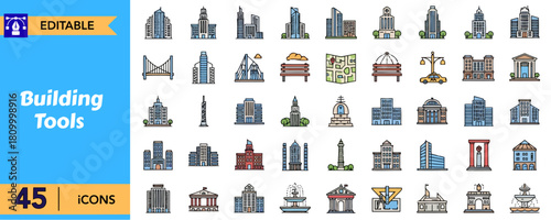 Building tools icon set includes editable stroke skyscraper bridge modern architecture city map bench street light dome church monument fountain and other related line icons