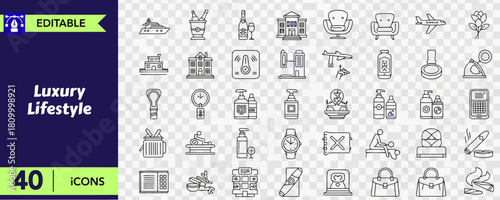 Luxury lifestyle line icons set, collection of expensive life symbols, wealthy living vector sketch illustrations, premium style signs, editable stroke