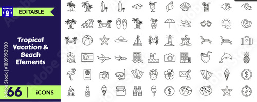 Tropical vacation and beach elements outline icon set includes editable stroke palm tree surfboard seashell cocktail beach ball starfish hammock airplane hotel camera passport  line icons