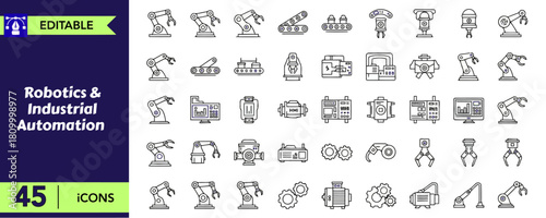 Robotics and industrial automation line icons set, collection of robotic arm symbols, industry 4.0 vector sketch illustrations, manufacturing signs, editable stroke