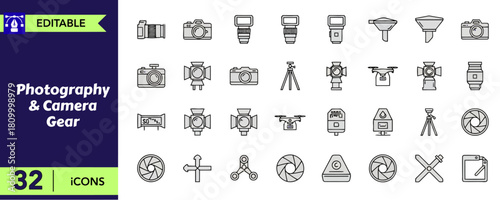 Photography and camera gear line icons set, bundle of photographer symbols, photo equipment vector sketch illustrations, shooting accessories, editable stroke