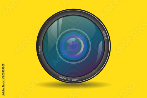 Front view of photo camera lens isolated on yellow background. modern