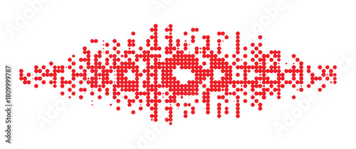 Bold red pixel ornamental geometric band with digital mosaic style shapes, symmetrical folk inspired border for festive design themes, decorative crafts, and artistic cultural patterns