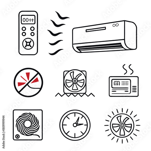 Air Conditioning and Ventilation Icons Set  AC, Remote, Fan, Cooling and Heating Symbols