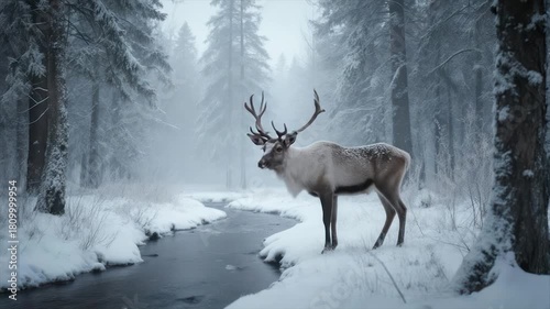 Wallpaper Mural Reindeer stands by a snowy stream in a winter forest, trees in a misty background Torontodigital.ca