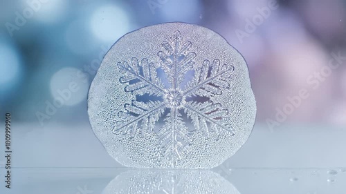 Macro photography of a freezing snowflake on a reflective, translucent plane with droplets, six rays and tree-like branches, with soft lighting and a blue bokeh background