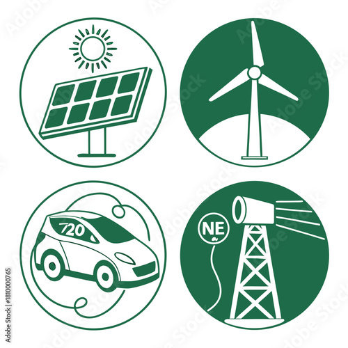 Renewable Energy Icons Set  Solar Panel, Wind Turbine, Electric Car, Green Power Station