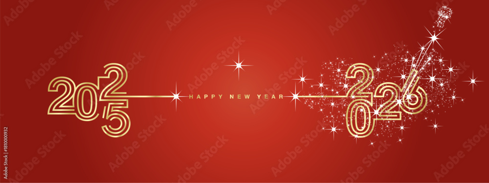 Fototapeta premium New year event 2026 compact golden triple line design in shape of foreward arrow and backward for 2025. Concept of new year transition with white champagne firework golden red vector greeting card