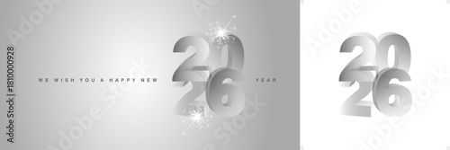 We wish you a Happy New Year 2026 with sparkle firework. Modern 3D light silver grey transparent glass numbers shape of 2026 on silver grey background