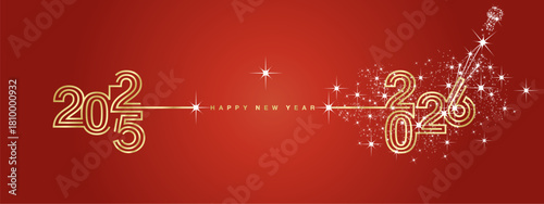 New year event 2026 compact golden triple line design in shape of foreward arrow and backward for 2025. Concept of new year transition with white champagne firework golden red vector greeting card