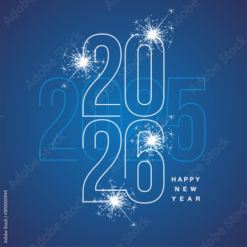 Happy New Year 2026 line light blue and white shining typography crossover transitions 2025 to 2026 year with sparkle firework on blue isolated background icon logo