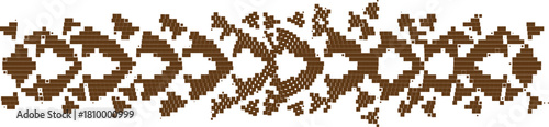 Brown pixel folk border ornament featuring traditional geometric shapes with ethnic craft inspired motifs ideal for rustic decorative themes cultural textiles and classic design patterns