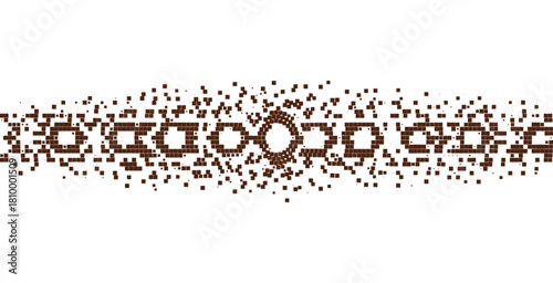 Brown pixel scatter ornamental border featuring fragmented geometric motifs arranged in a decorative ethnic inspired trim suitable for traditional crafts cultural graphics and vector design patterns