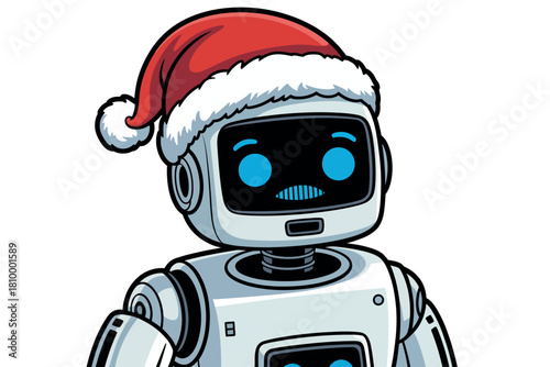 A robot wearing a Santa hat is celebrating Christmas with holiday cheer.