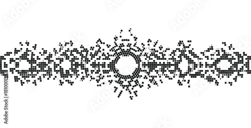 Pixel scatter geometric border in monochrome black with fragmented mosaic motifs forming a decorative ornamental band perfect for cultural crafts modern graphics and artistic design layouts