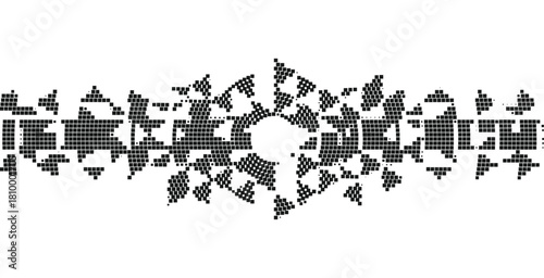 Grey pixel fragmented geometric border with scattered mosaic shapes arranged in an abstract ornamental band ideal for modern craft designs cultural trims and decorative vector compositions